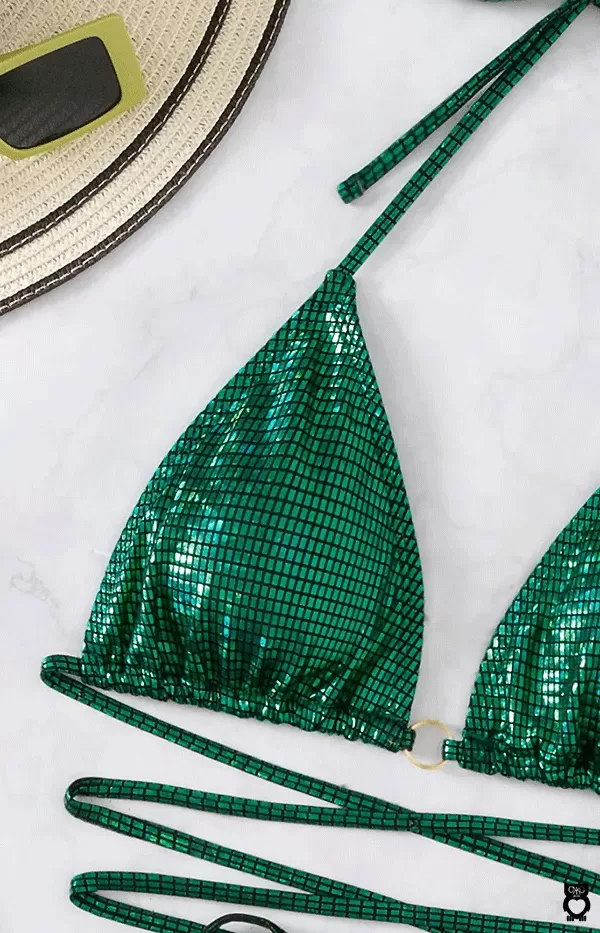 Maillot de bain vert brillant deux pièces à paillettes femme, bikini strass, ensemble de baignade luxe|13,59 €|OKKO MODE