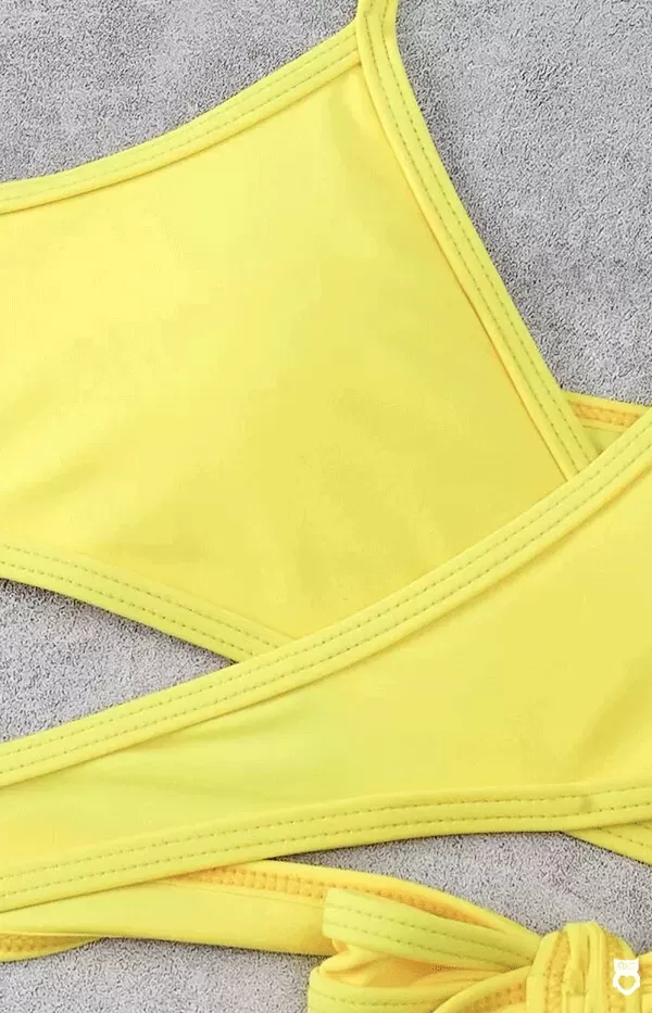 Maillot de bain 3 pièces jaune uni, culotte taille haute, bikini avec bandage, Short orange imprimé floral croisé, 2024|13,20 €|OKKO MODE