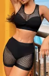 OKKO MODE|Maillot de bain deux pièces noir en résille, culotte taille haute en maille noire uni, patchwork, push-up, tenue de plage femme