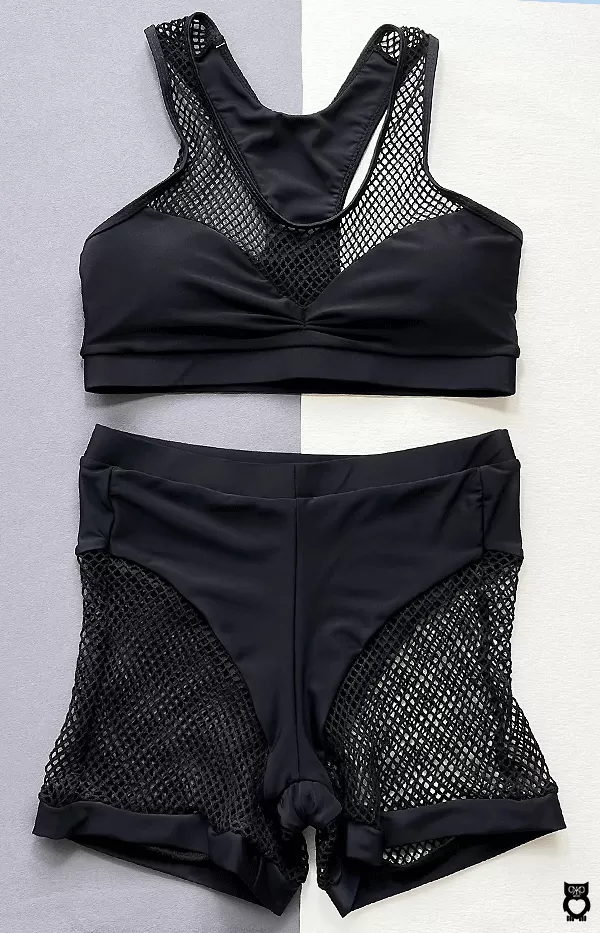 Maillot de bain deux pièces noir en résille, culotte taille haute en maille noire uni, patchwork, push-up, tenue de plage femme|13,39 €|OKKO MODE