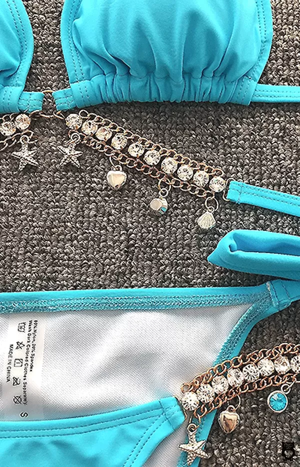 Maillot de bain Bleu turquoise pour femme, Bikini 2 pièces, Chaine Métal orné de Diamant et Strass luxe|12,67 €|OKKO MODE