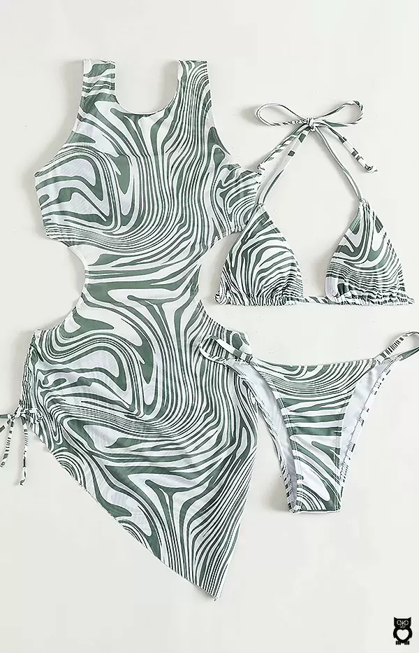 Ensemble Bikini et Maillot de bain femme, Blanc et vert Tie and Dye zébré 3 pièces|15,02 €|OKKO MODE