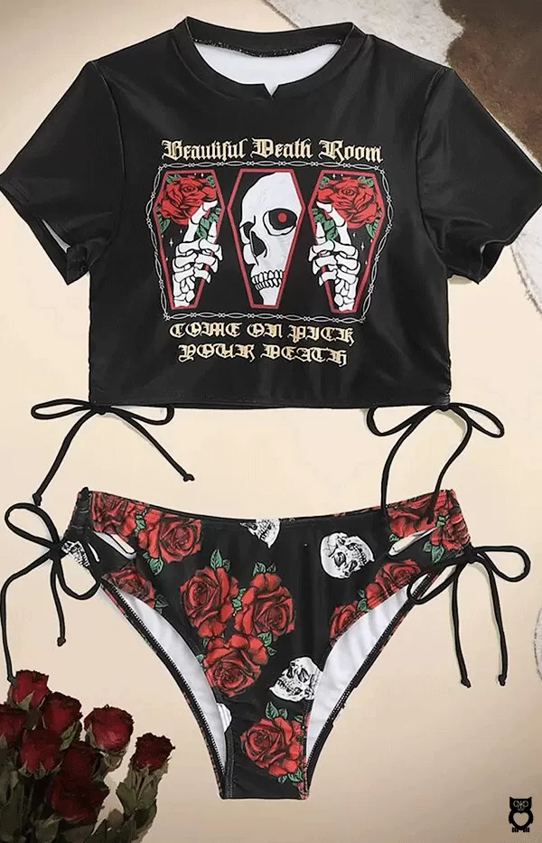 Maillot de bain 2 pièces femme tête de mort, bikini gothique noir, ou bordeaux avec fleurs roses, vêtements de plage|12,05 €|OKKO MODE
