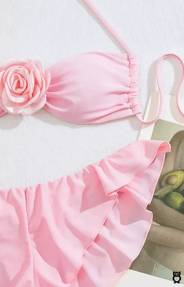 Maillot de bain rose sexy à fleurs 3D pour femme, ensemble deux pièces plissé, Push Up, à volants, taille haute, été, 2024|11,71 €|OKKO MODE
