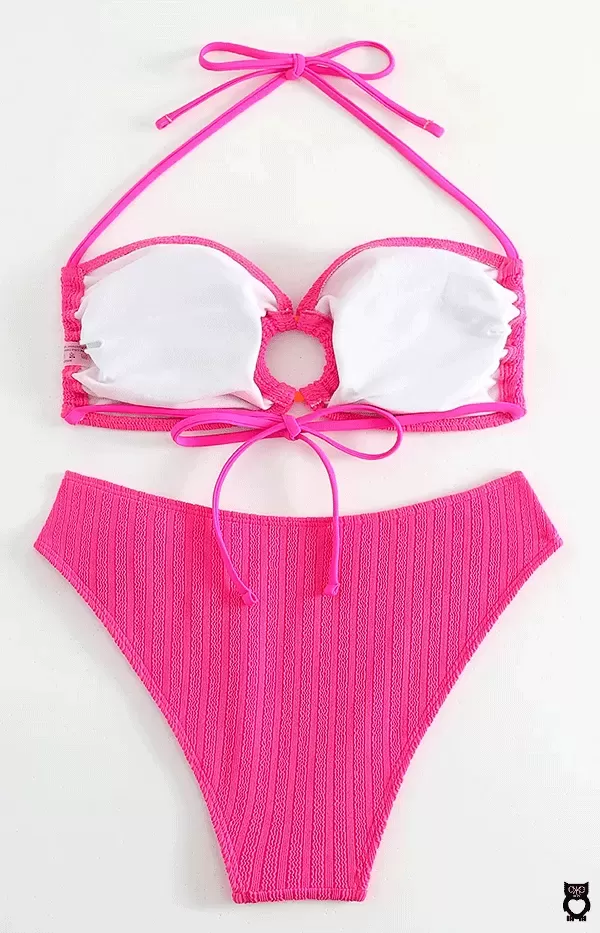 Maillot de bain rose vif avec anneaux, soutien-gorge push up, culotte taille haute femme, vêtements d'été, 2024|11,56 €|OKKO MODE