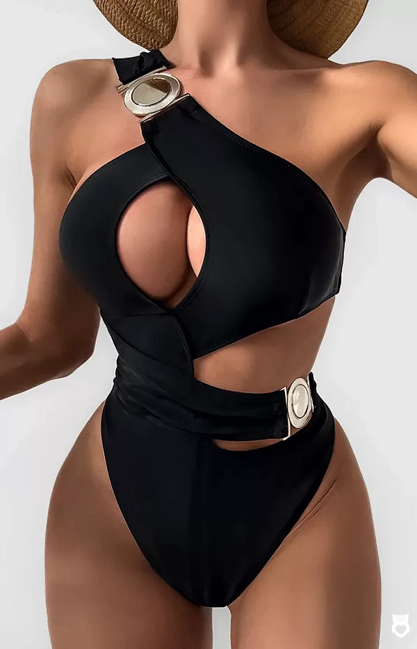 Maillot de bain une pièce femme, noir uni avec fermeture argent anneaux, monokini, vêtements de plage dos nu 2024|OKKO MODE