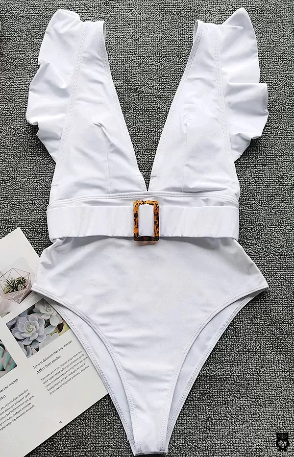 Maillot de bain blanc une pièce femme sexy, col en V plongeant et couleur unie, taille haute à volants, monokini, tenue de plage|16,51 €|OKKO MODE