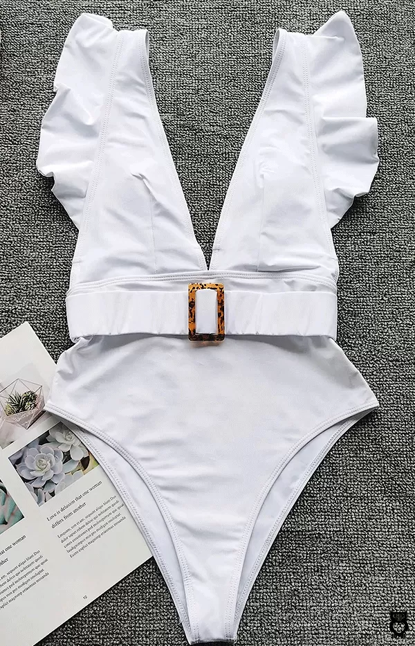 Maillot de bain blanc une pièce femme sexy, col en V plongeant et couleur unie, taille haute à volants, monokini, tenue de plage|18,34 €|OKKO MODE