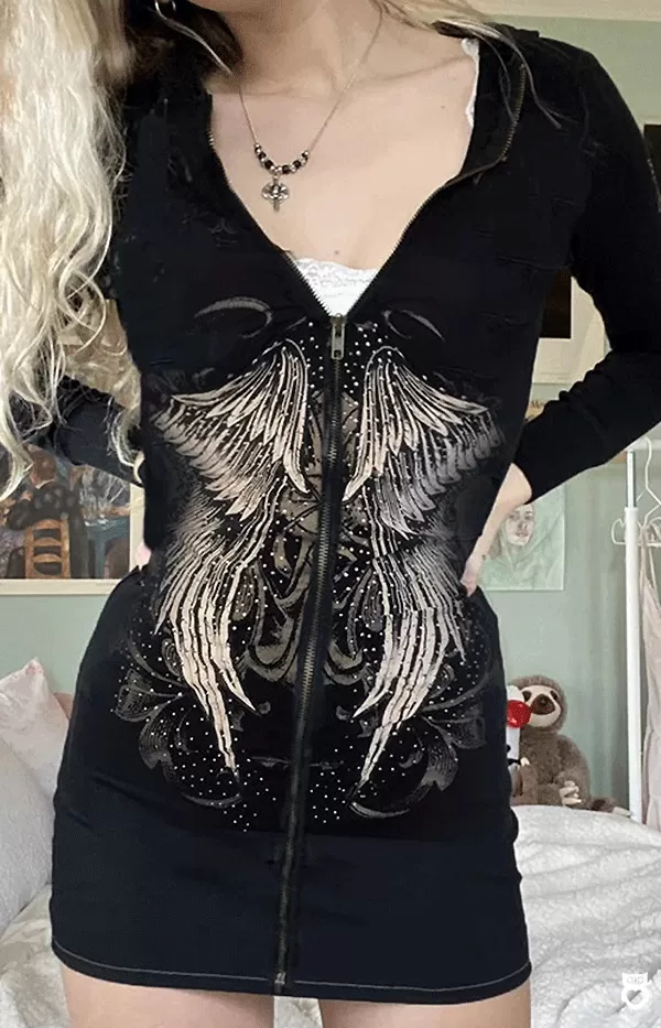Robe courte noire à capuche pour femme, Gothique ailes d'anges, mode Angel motif imprimé avec fermeture éclaire|13,70 €|OKKO MODE