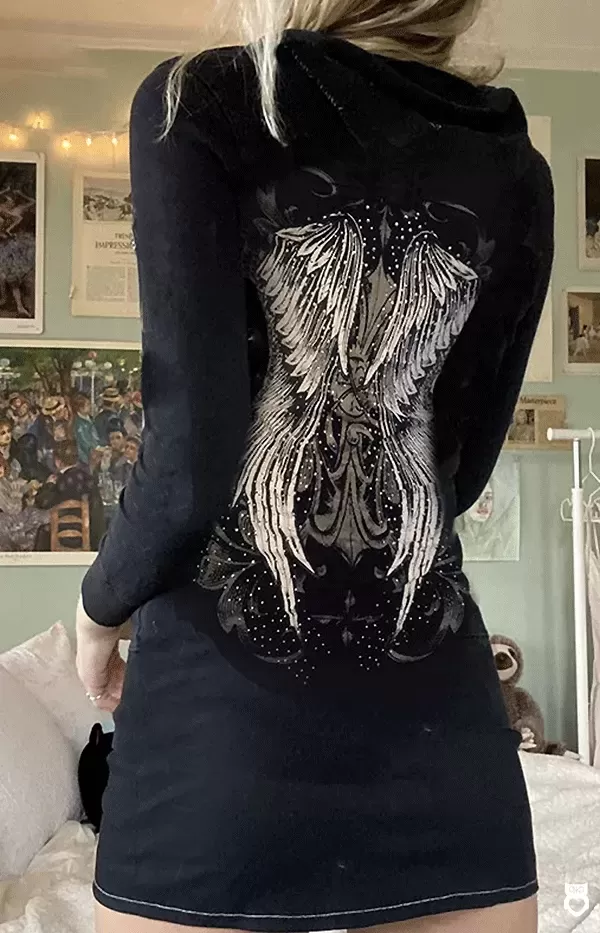 Robe courte noire à capuche pour femme, Gothique ailes d'anges, mode Angel motif imprimé avec fermeture éclaire|13,70 €|OKKO MODE