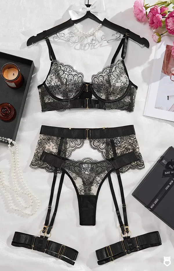 Lingerie de Luxe noir en Dentelle pour Femme, Sous-Vêtements Sexy, Ensemble Romantique à bretelles tendances|19,14 €|OKKO MODE