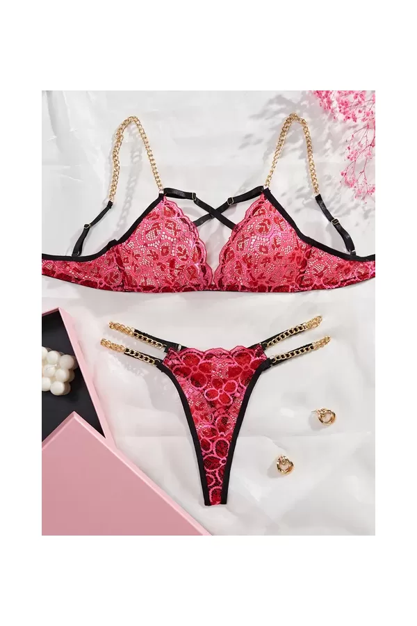 Ensemble Deux Pièces Rose et Rouge en Dentelle Brodée pour Femme, Sous-Vêtements Nouveauté 2024|22,16 €|OKKO MODE