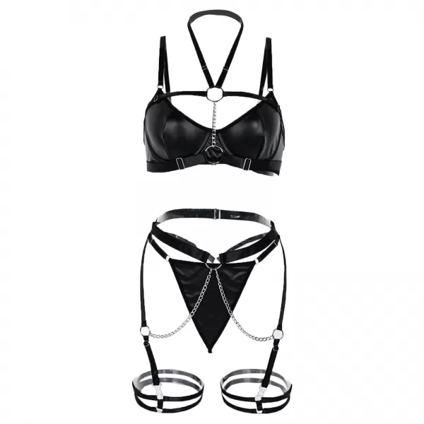 Ensemble de soutien-gorge et slip sexy en cuir PU, 3 pièces, sous-vêtements avec jarretière sensuelle|10,13 €|OKKO MODE