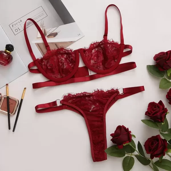 Ensemble de sous-vêtements transparents en dentelle pour femmes, lingerie sexy, broderie dégradée, culotte, soutien-gorge rose|3,42 €|OKKO MODE