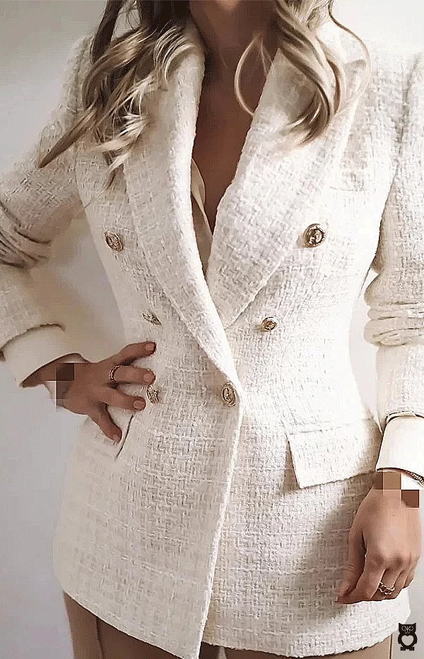 OKKO MODE|Veste courte en tweed beige pour femme, blazer à col rond, manteau chic, printemps été 2024