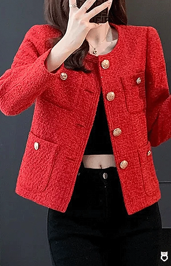 Veste rouge en Tweed pour femme, Manteau à col rond , nouveau Blazer 2024