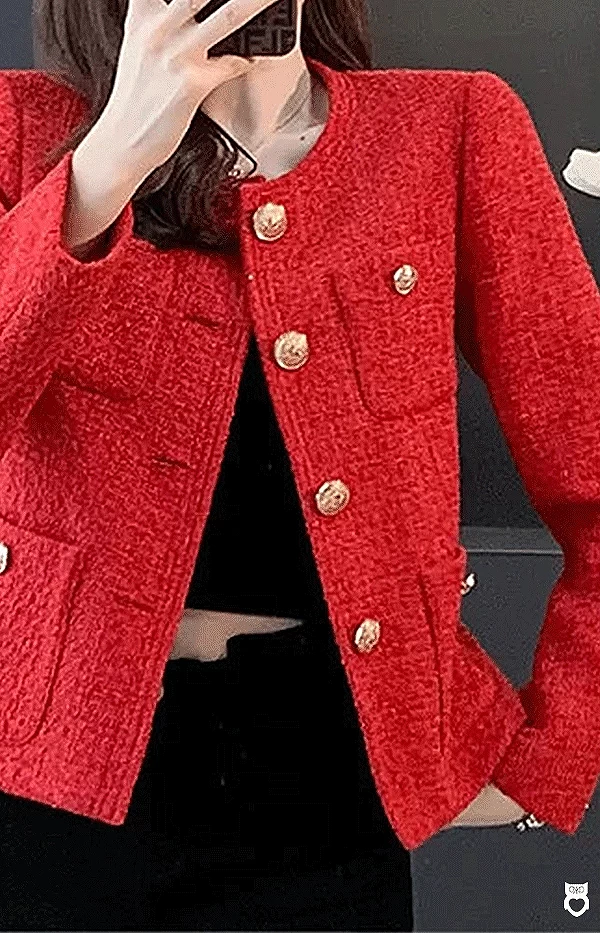 Veste rouge en Tweed pour femme, Manteau à col rond , nouveau Blazer 2024|34,07 €|OKKO MODE