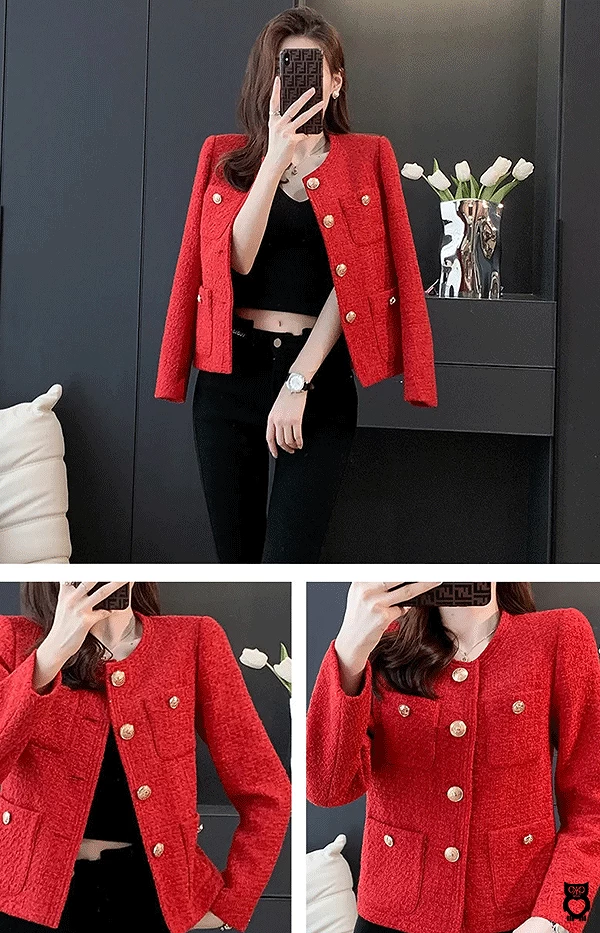 Veste rouge en Tweed pour femme, Manteau à col rond , nouveau Blazer 2024|34,07 €|OKKO MODE