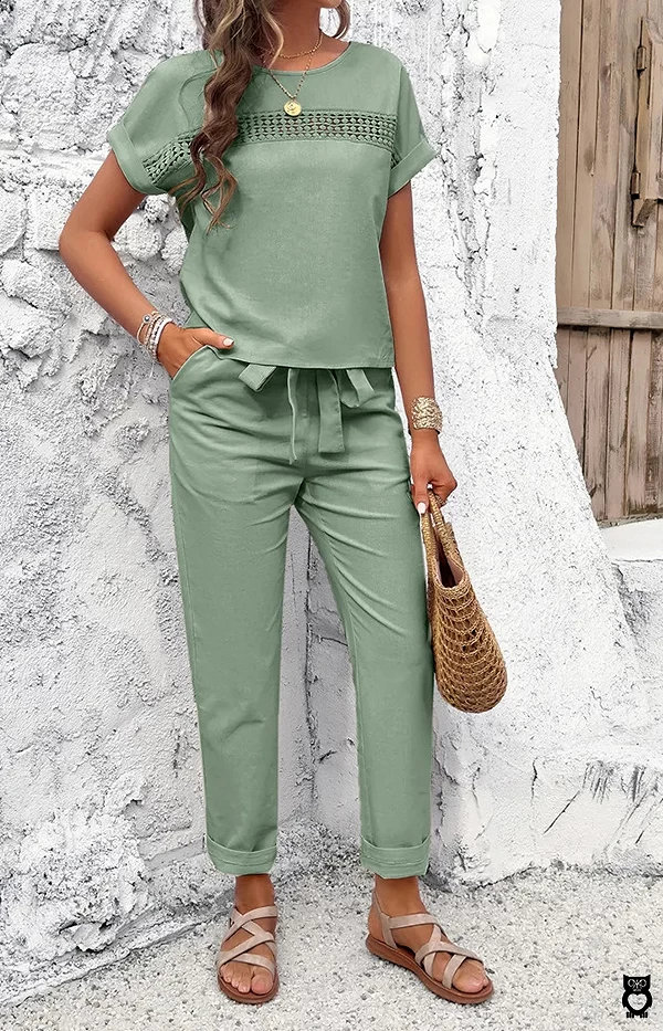 Ensemble haut manches courtes et pantalon en coton et lin pour femme, couleur blanc, orange, noir, vert, mode 2024|27,00 €|OKKO MODE