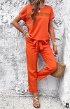 OKKO MODE|Ensemble haut manches courtes et pantalon en coton et lin pour femme, couleur blanc, orange, noir, vert, mode 2024