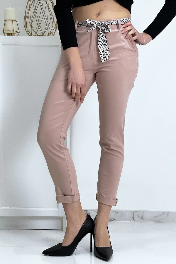 Pantalon strech rose avec poches froufrou et ceinture - 2