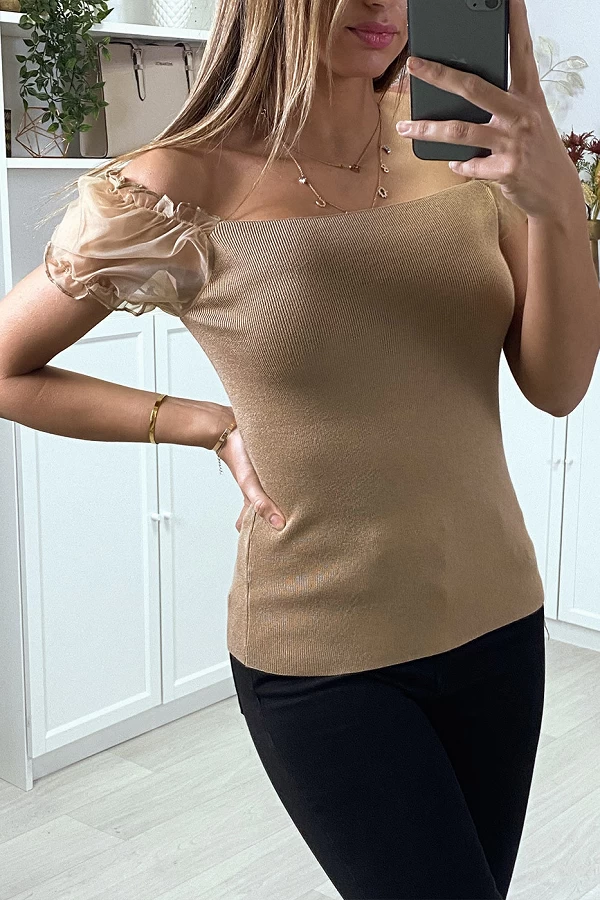 Top moulant taupe a manches bouffantes en tulle - 2
