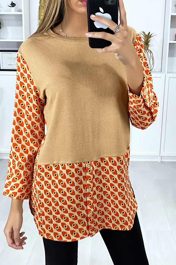 Robe tunique taupe col chemise avec joli motif - 1