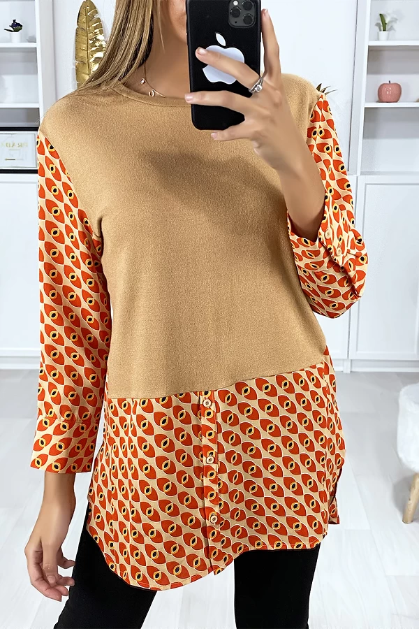 Robe tunique taupe col chemise avec joli motif - 2