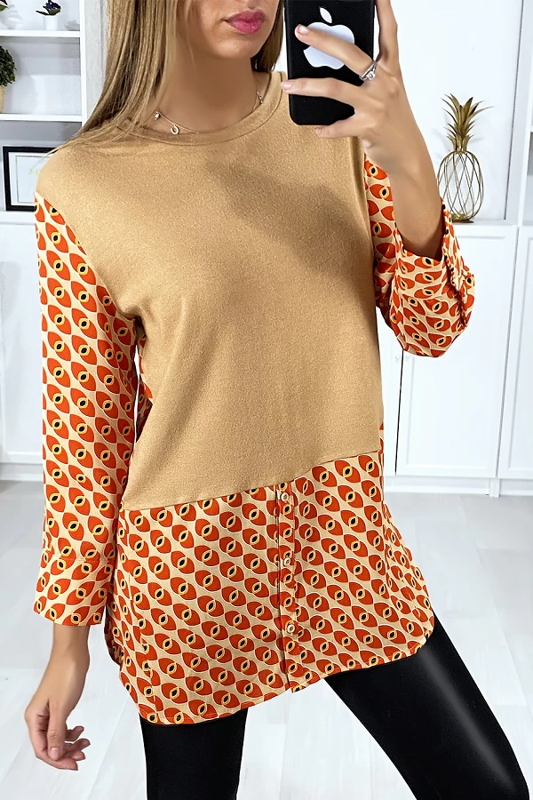 Robe tunique taupe col chemise avec joli motif - 3