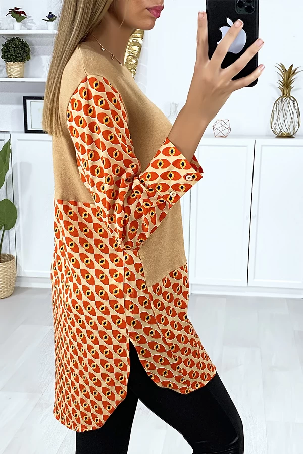 Robe tunique taupe col chemise avec joli motif - 4