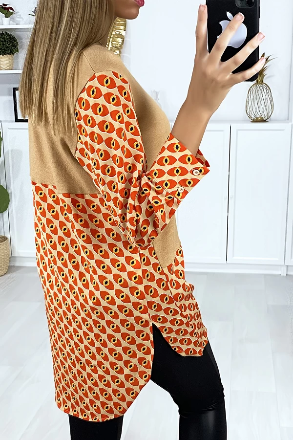 Robe tunique taupe col chemise avec joli motif - 5