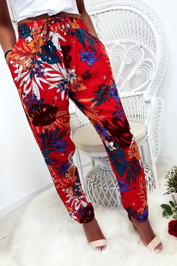 Pantalon fluide très agréable à porter en coton, motif fleuri rouge avec poche et lacet - 3