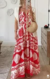 OKKO MODE|Robe longue rouge et blanche style bohème pour femmes, vêtement vacances et plage, col en v, à lacets, dos nu