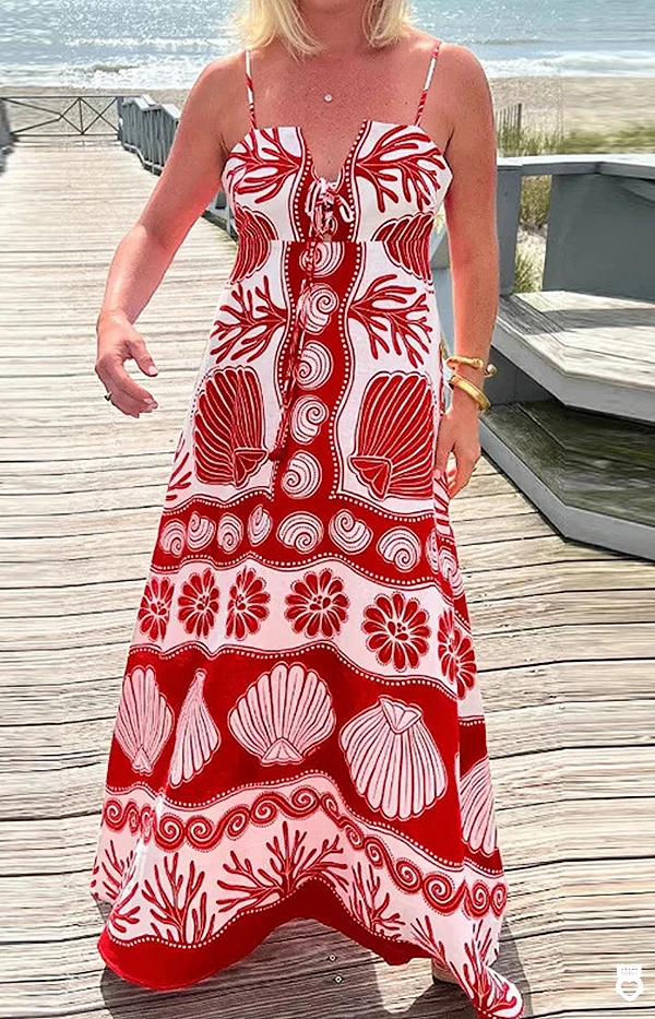 Robe longue rouge et blanche style bohème pour femmes, vêtement vacances et plage, col en v, à lacets, dos nu|26,76 €|OKKO MODE