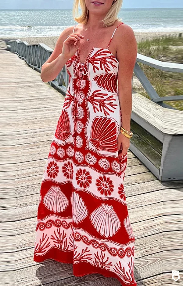 Robe longue rouge et blanche style bohème pour femmes, vêtement vacances et plage, col en v, à lacets, dos nu|26,76 €|OKKO MODE