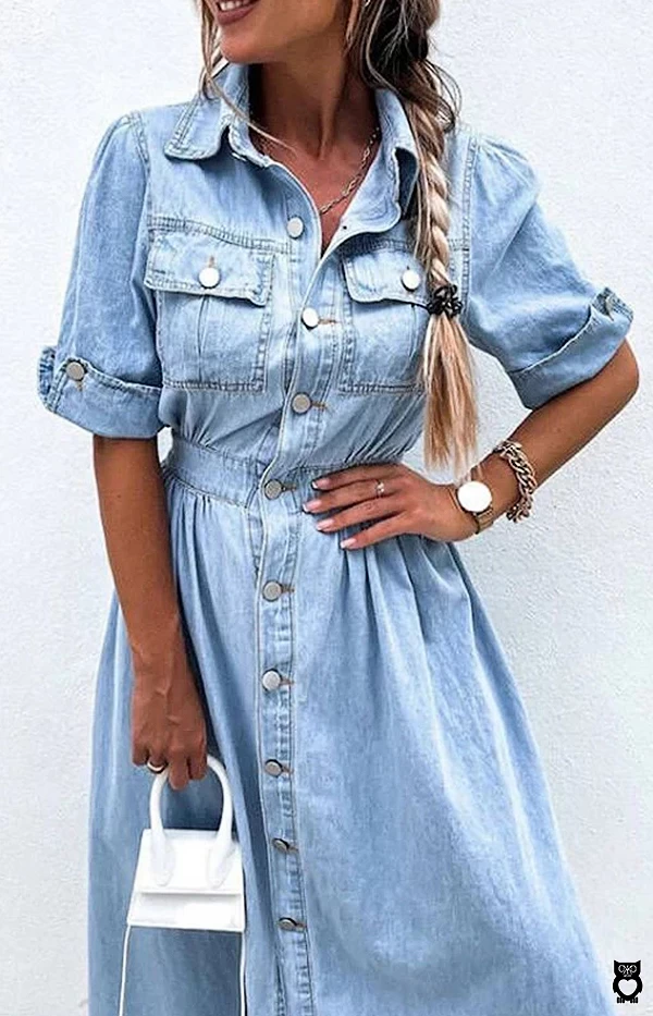 Robe longue en Denim à manches courtes pour Femme, Vêtement Chic en jean, Bouton à Revers, coton de qualité|41,70 €|OKKO MODE
