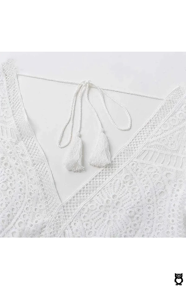 Robe tunique en dentelle bohème pour femmes, col en V, dos nu et noué, bikini cover-up, mini robe sexy blanche|19,93 €|OKKO MODE