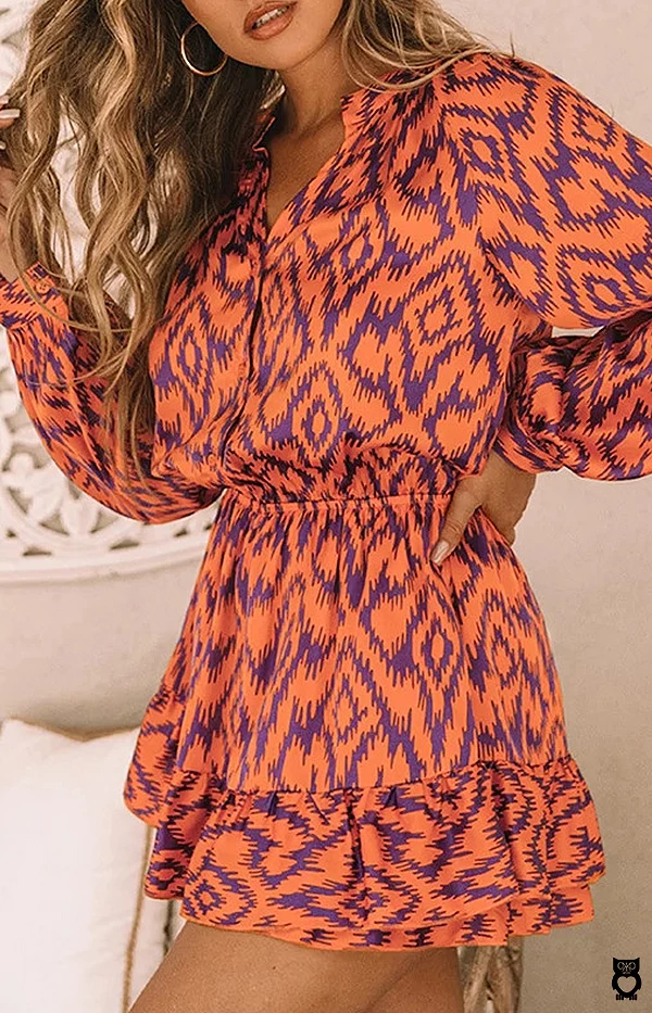 Robe orange courte à volants imprimé tie and dye vintage pour femmes, col montant, robe trapèze, manches longues, mini robe|29,93 €|OKKO MODE