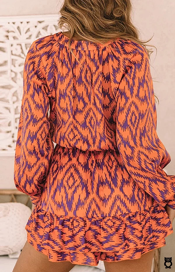 Robe orange courte à volants imprimé tie and dye vintage pour femmes, col montant, robe trapèze, manches longues, mini robe|29,93 €|OKKO MODE