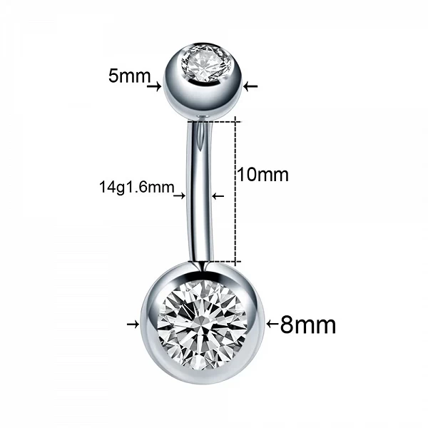 Générateur de piercing au nombril en acier cristal, anneaux de nombril, boule de piercing au corps, bijoux, 5mm, 8mm, 1 pièce|2,69 €|OKKO MODE