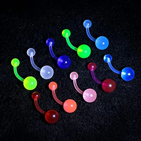 Anneaux de nombril flexibles en acrylique, barre de piercing au nombril, bijoux colorés, lueur dans le noir, 1 à 10 pièces|2,00 €|OKKO MODE