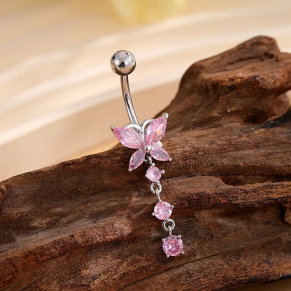 Piercing nombril en acier inoxydable pour femme, anneau de nombril incurvé, papillon recruté, rose, fleur, 1 pièce|2,67 €|OKKO MODE