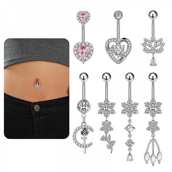 Anneaux de nombril pour femmes, pendentif en cristal, anneau de nombril, acier inoxydable, haltère, piercing au corps|2,00 €|OKKO MODE