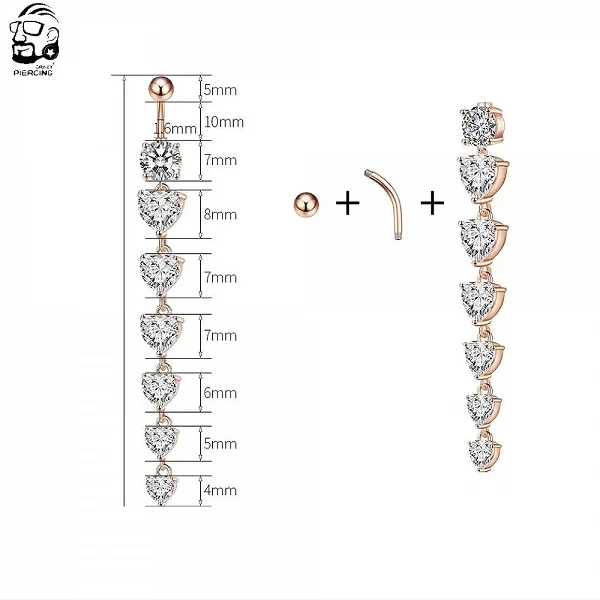 Anneaux de nombril en acier CitroLong recrutés, 7 cœurs, 14g, piercing au nombril, barre cuvée, bijoux de corps, générateurs de |3,59 €|OKKO MODE