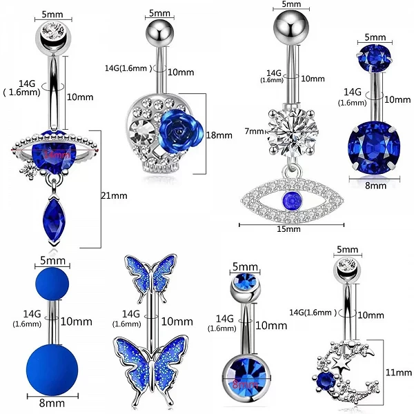 Anneau de nombril bleu en acier inoxydable pour femme, piercing 147 u au nombril, bijoux de corps en forme de cœur et de papillo|1,79 €|OKKO MODE