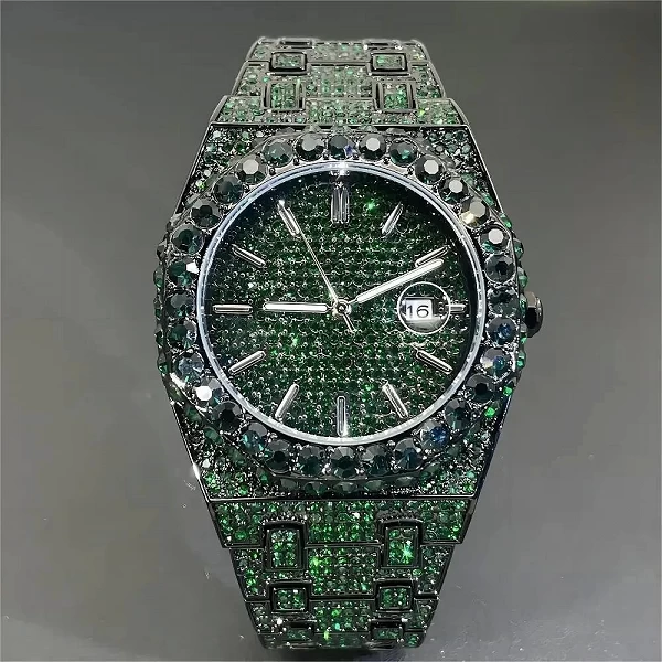 Montre-bracelet à quartz glacée pour homme, montre verte, gros diamant, montre-bracelet Bling, Hip Hop, mode de luxe, livraison |45,90 €|OKKO MODE