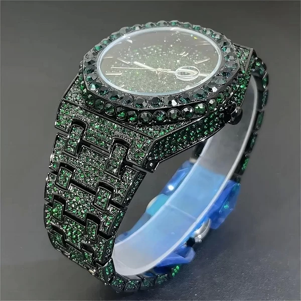 Montre-bracelet à quartz glacée pour homme, montre verte, gros diamant, montre-bracelet Bling, Hip Hop, mode de luxe, livraison |45,90 €|OKKO MODE