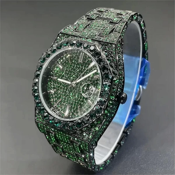 Montre-bracelet à quartz glacée pour homme, montre verte, gros diamant, montre-bracelet Bling, Hip Hop, mode de luxe, livraison |45,90 €|OKKO MODE