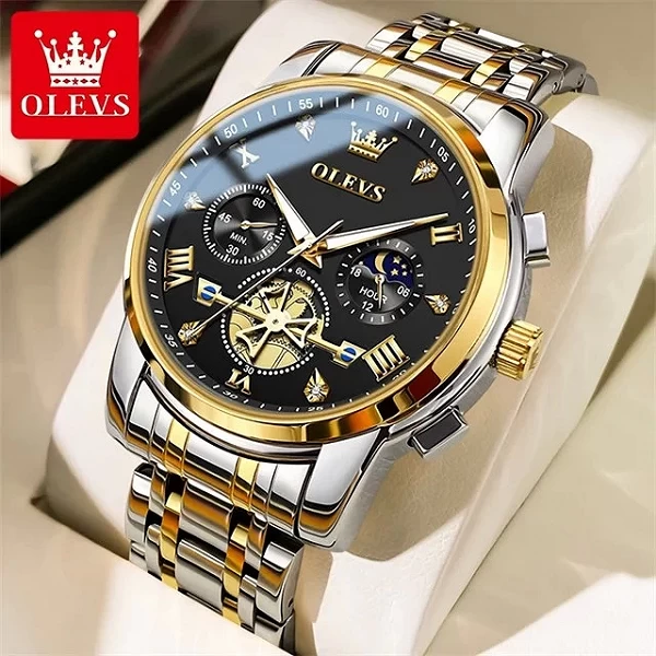 OLEVS-Montre-bracelet à quartz chronographe en acier inoxydable pour homme, phase de lune, étanche, Shoous, marque de luxe|32,97 €|OKKO MODE