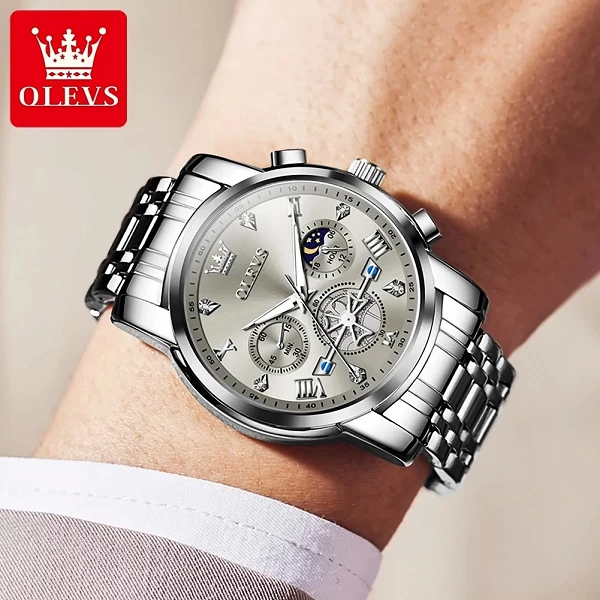 OLEVS-Montre-bracelet à quartz chronographe en acier inoxydable pour homme, phase de lune, étanche, Shoous, marque de luxe|32,97 €|OKKO MODE